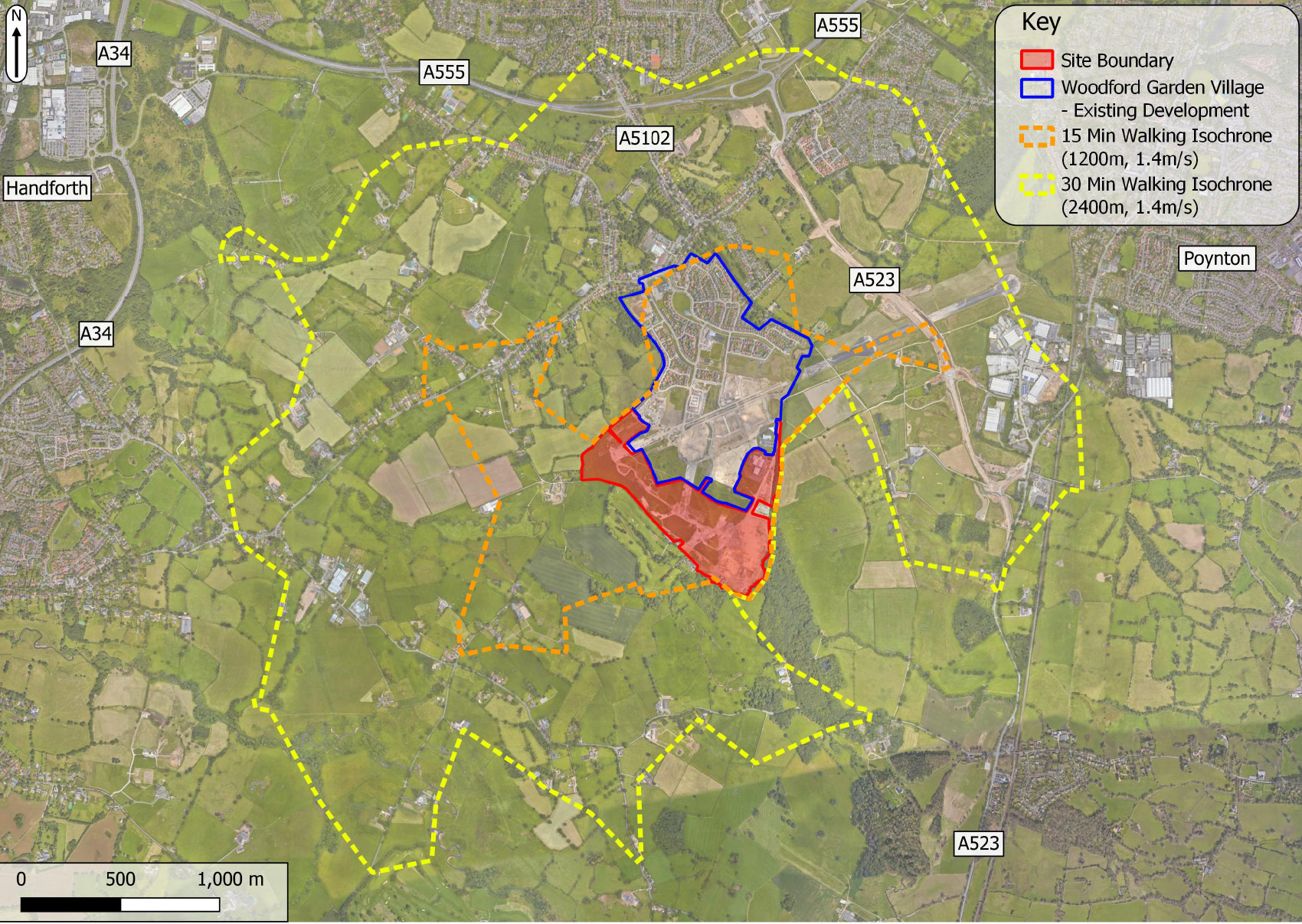 Plan showing walking Isochrones for the Site