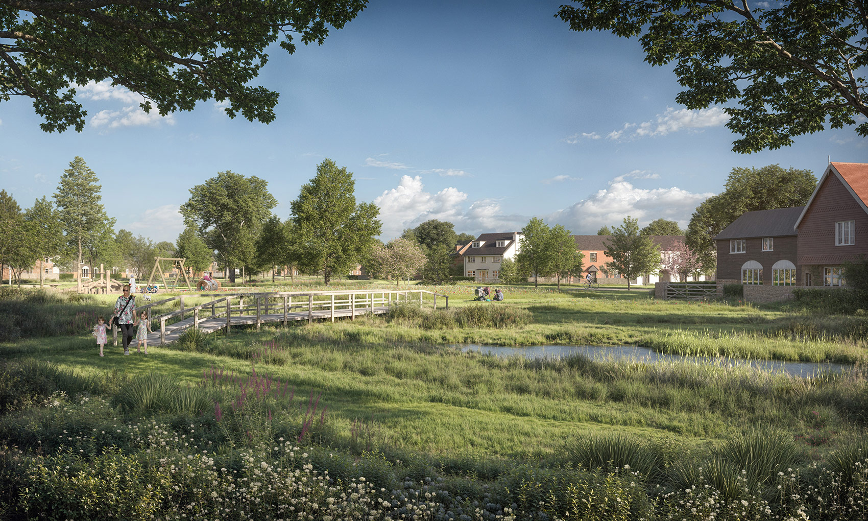 View looking across the Central Park greenspace with play area, new footpath links and new rural homes facing into the greenspace