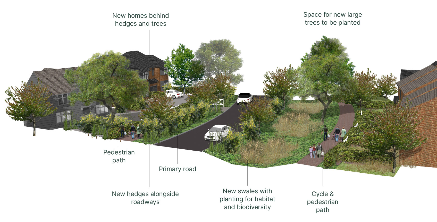 Illustrative view of the primary roadway showing the arrangement of carriageway, swales, hedges and new tree planting.